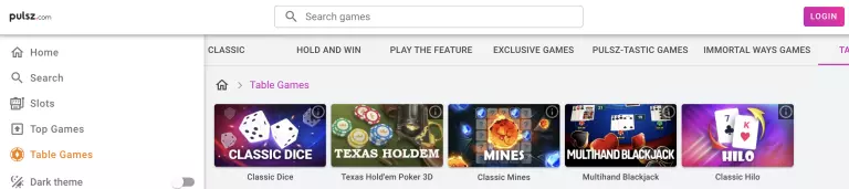 Pulsz Casino table games menu featuring Classic Dice, Texas Hold'em Poker 3D, Classic Mines, Multihand Blackjack, and Classic Hilo