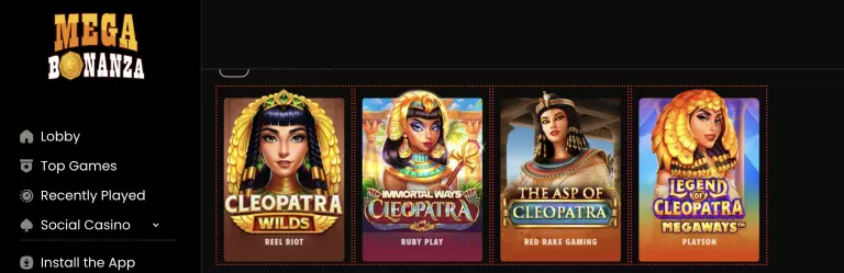 Mega Bonanza online casino Cleopatra-themed slot games selection featuring Cleopatra Wilds by Reel Riot, Immortal Ways Cleopatra by Ruby Play, The Asp of Cleopatra by Red Rake Gaming, and Legend of Cleopatra Megaways by Playson on dark lobby interface.