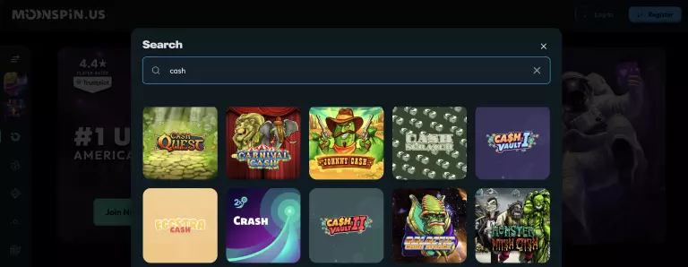 Moonspin.us casino search results for 'cash' slots featuring popular titles like Cash Quest, Carnival Cash, Johnny Cash, Cash Scratch, Cash Vault I & II, EGGstra Cash, Crash, Galactic Cash Attack, and Monster Mash Cash with colorful game icons.