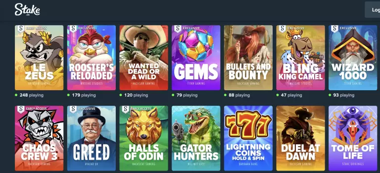 Stake.us trending casino games section showing popular titles like Le Zeus, Roosterâs Reloaded, Wanted Dead or a Wild, Gems, Bullets and Bounty, Bling King Camel, Wizard 1000, Chaos Crew 3, Greed, Halls of Odin, Gator Hunters, Lightning Coins Hold & Spin, Duel at Dawn, and Tome of Life, with live player counts.