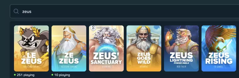 Stake.us Zeus slots page showcasing popular Zeus-themed games including Le Zeus, Ze Zeus, Zeus' Sanctuary, Zeus Goes Wild, Zeus Lightning Power Reels, and Zeus Rising, with live player counts displayed.
