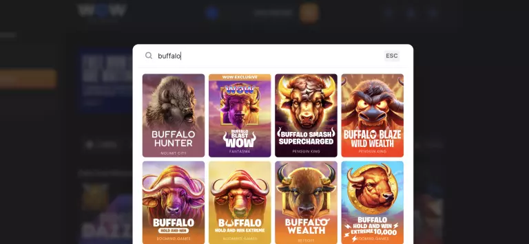 Screenshot of WOW Vegas Casino search results for 'buffalo' slots, showing popular games including Buffalo Hunter, Buffalo Blast WOW, Buffalo Smash Supercharged, Buffalo Blaze Wild Wealth, Buffalo Hold and Win, Buffalo Hold and Win Extreme, Buffalo Wealth, and Buffalo Hold and Win Extreme 10,000.