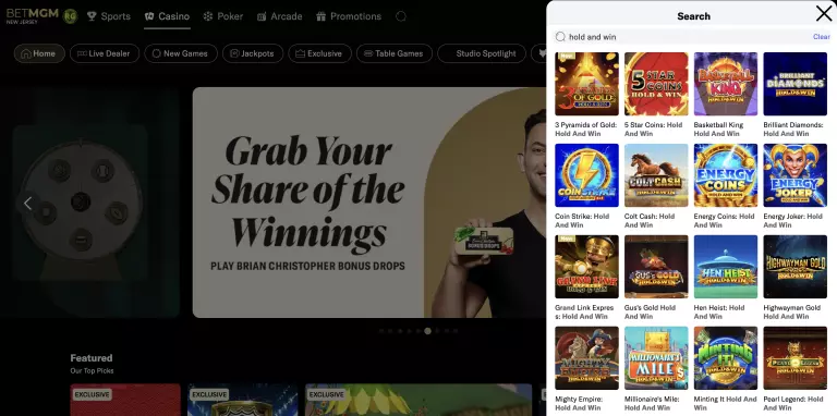 BetMGM Casino New Jersey âÂÂHold and Winâ slot games search results showcasing titles like 3 Pyramids of Gold, 5 Star Coins, Basketball King, Brilliant Diamonds, Coin Strike, Colt Cash, Energy Coins, Energy Joker, Grand Link Express, GusâÂÂs Gold, Hen Heist, Highwayman Gold, Mighty Empire, MillionaireâÂÂs Mile, Minting It Hold and Win, and Pearl Legend â displayed on the BetMGM Casino interface with Brian Christopher Bonus Drops promotion banner.