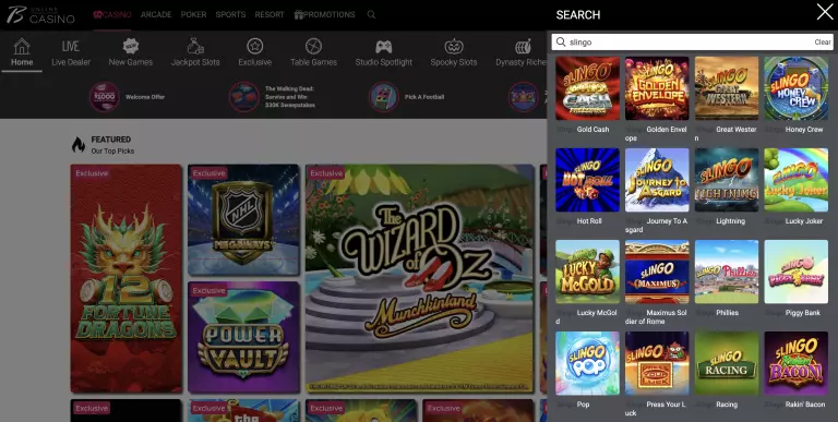 Borgata Online Casino Slingo games page showing a wide selection of Slingo titles including Slingo Gold Cash, Slingo Golden Envelope, Slingo Great Western, Slingo Honey Crew, Slingo Hot Roll, Slingo Journey to Asgard, Slingo Lightning, Slingo Lucky Joker, Slingo Maximus Soldier of Rome, Slingo Piggy Bank, and more â alongside featured exclusives like 12 Fortune Dragons, NHL Megaways, and The Wizard of Oz Munchkinland.